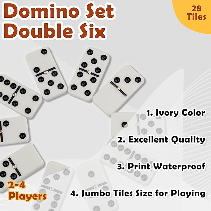 Smilejoy Dominoes Set for Adults, Domino Set for Classic Board Games, Double 6 Domino Game Set 28 Pieces with Natural Wood Case (2 Players)