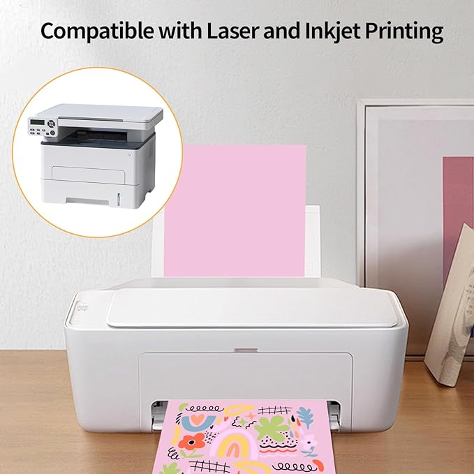 Printable Sticker Paper, 20 Sheets Pink Printable Sticker Paper, Laser/Inkjet Printing- Matte Pink, Letter Size (8.5" x 11")