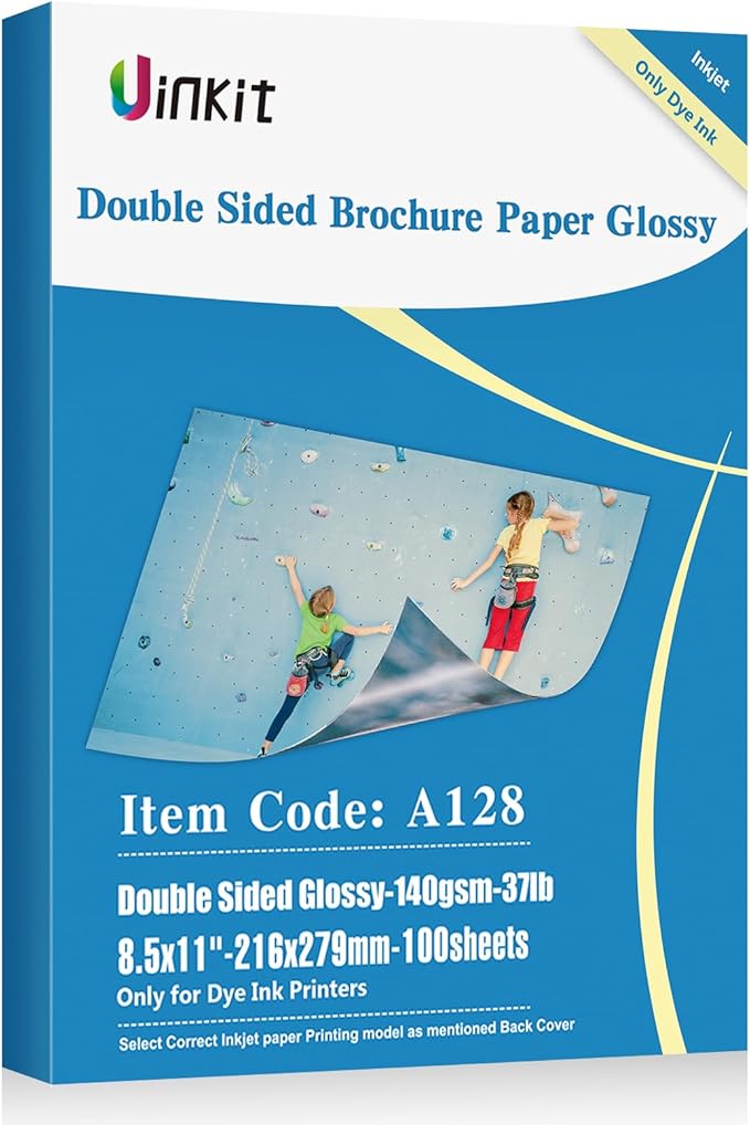 Uinkit 100 sheets Brochure Paper Glossy Double Sided 8.5x11 Inkjet 37lb 140gsm Dye ink Thin Photo Picture Flyer Calendar Magazine CD Cover letter