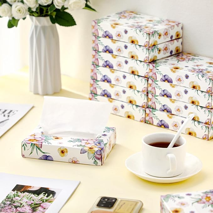 Yinder 24 Packs 960 Sheets Tissue Cube Car Facial Boxes Disposable Facial Travel Tissues Holder Soft Watercolor Boxes 2 Ply 40 Sheets for Wedding Household Car Kitchen Bathroom(Flower)