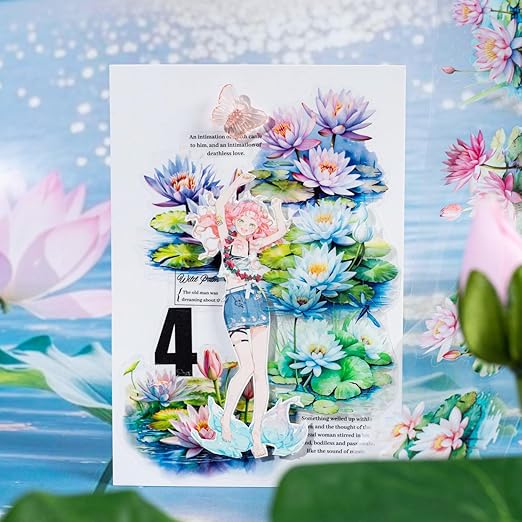 Lotus Pond PET Tape Set, 4 Rolls Pre-Cut Floral Stickers for Scrapbooking, Journaling, DIY Crafts, and Planner Decoration