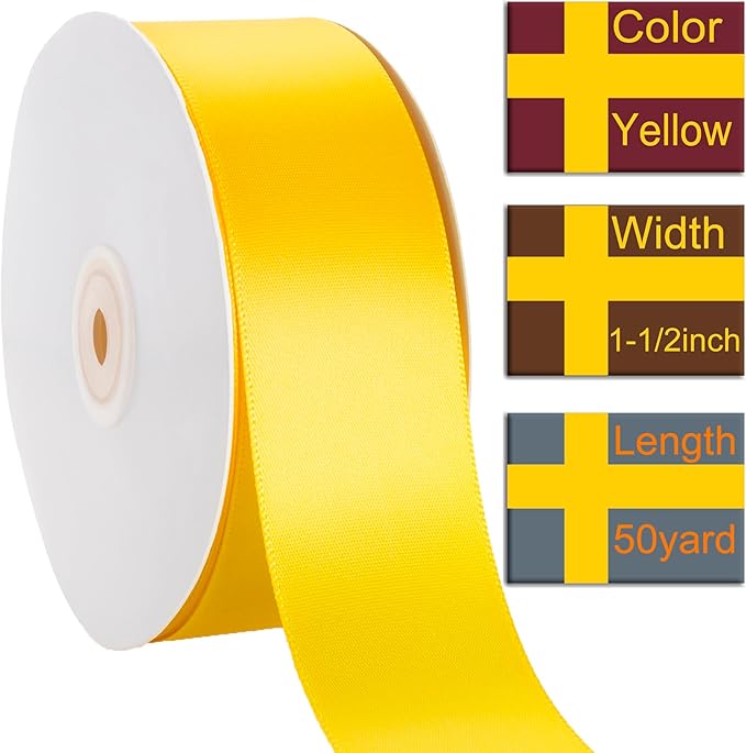 1-1/2 Inch Yellow Ribbon, 50 Yards Craft Polyester Satin Ribbon Perfect for Gift Wrapping, Handmade Roses, Wedding Party Decorations and DIY Crafts