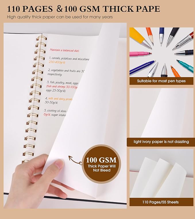 Blank Spiral Notebook Journal 8.5” x 11”, A4 Large Sketch Book for Women Men, 100 GSM Blank Paper Drawing Notebook, Plastic Hardcover Spiral Bound Sketchbook for Sketching Work School Writing, Black
