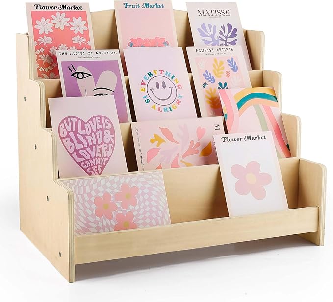 4-Tier Wooden Greeting Card Display Stand, Sticker Organizer Rack, Retail Counter Holder for Postcards and Photos& Stationery Vendors (Burlywood)