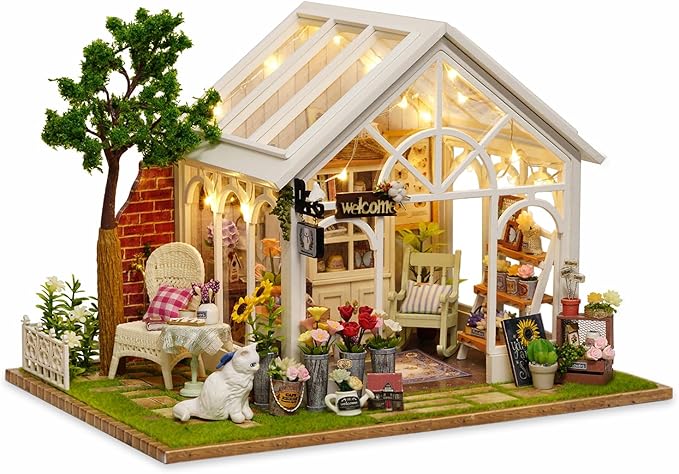 TuKIIE DIY Miniature Dollhouse Kit with Furniture, 1:24 Scale Creative Room Wooden Doll House Plus Dust Proof & Music Movement for Kids Teens Adults(Sunshine Greenhouse)