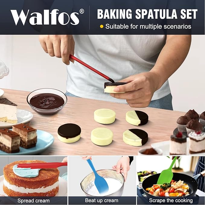 Walfos Silicone Spatula -600°F Heat Resistant Kitchen Scraper Spatulas, Strong Steel Core and One-Pieces Design, for Cooking Mixing Baking - BPA Free and Dishwasher Safe, Multicolor set of 5