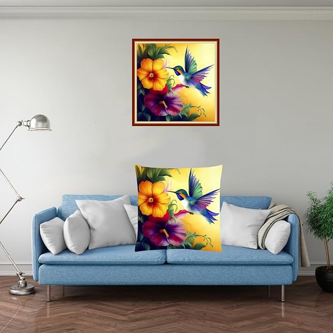 Stamped Cross Stitch Kits for Adults Beginners Pillow Needlepoint Kit with Embroidery Pattern Needlework Kit Prestamped Stitches Kit 11CT Cross Stitching-Hummingbirds Collect honey18x18inch