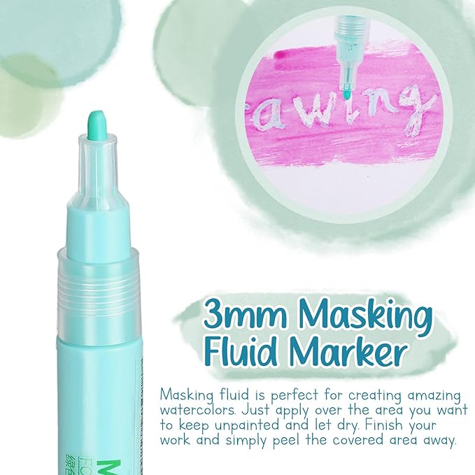 2 Pcs Masking Fluid Pen for Watercolor Painting, Capacity with Applicator Tip, Masking Fluid Marker for Various Art Projects Watercolor Ink(Green,3mm)