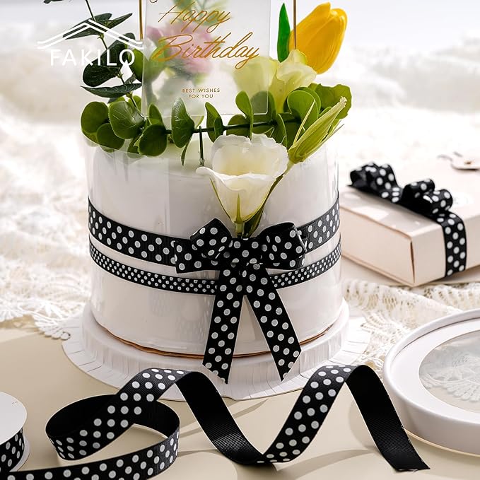 Polka Dot Grosgrain Ribbon 5/8 Inch, 25 Yards Spool Black and White Dot Craft Ribbon for Christmas Gift Wrapping DIY Crafts Hair Bows Wedding Party Decor Sewing and Home Decoration
