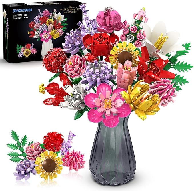Flower Bouquet Building Set, 1464 PCS Botanical Collection Building Block Toy, 18 Flowers Rose Sunflower Home Plant Decor, Birthday Gifts for Adults Women Boys Girls 8-12+