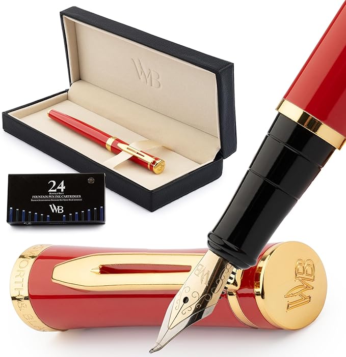 Wordsworth & Black Fountain Pen Set, Bent Nib, Includes 24 Pack Ink Cartridges, Ink Refill Converter & Gift Box, Calligraphy, [Crimson Red], Perfect for Men & Women