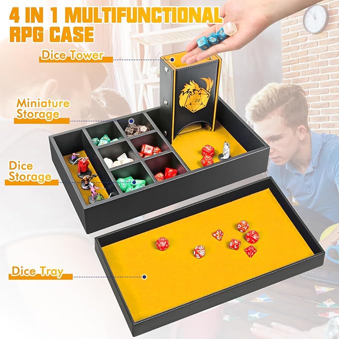 DND Dice Tray & Tower Storage Box, 4 in 1 D&D Dice Holder Case (Dice Rolling Tray, Dice Roller Tower, Dice & Miniature Storage), Great RPG Accessories Gifts for Dungeons and Dragons MTG DM & Player