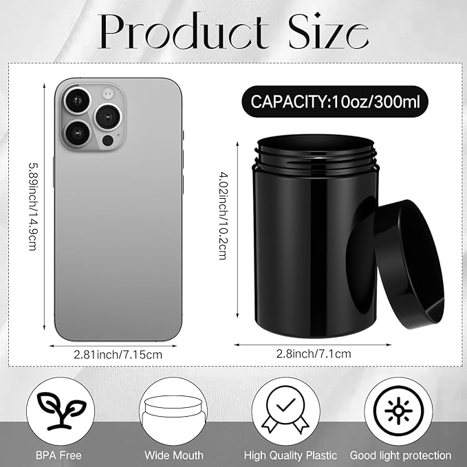 SATINIOR 12 Pack 10 oz Plastic Container Jars with Lids Round Clear Travel Cosmetic Container Slime Jar for Toiletries, Lotion, Cream, Ointment, Makeup, Rhinestone, Sample, Kitchen Storage(Pure Black)