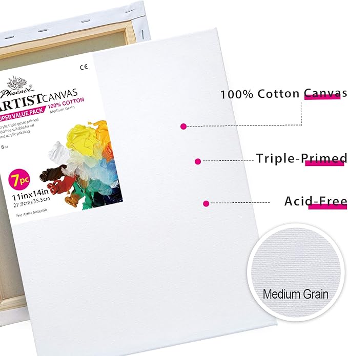 PHOENIX Stretched Canvas for Painting 11x14 Inch/7 Value Pack, 8 Oz Triple Primed 5/8 Inch Profile 100% Cotton White Blank Canvas, Artist Framed Canvas for Oil Acrylic & Pouring Art