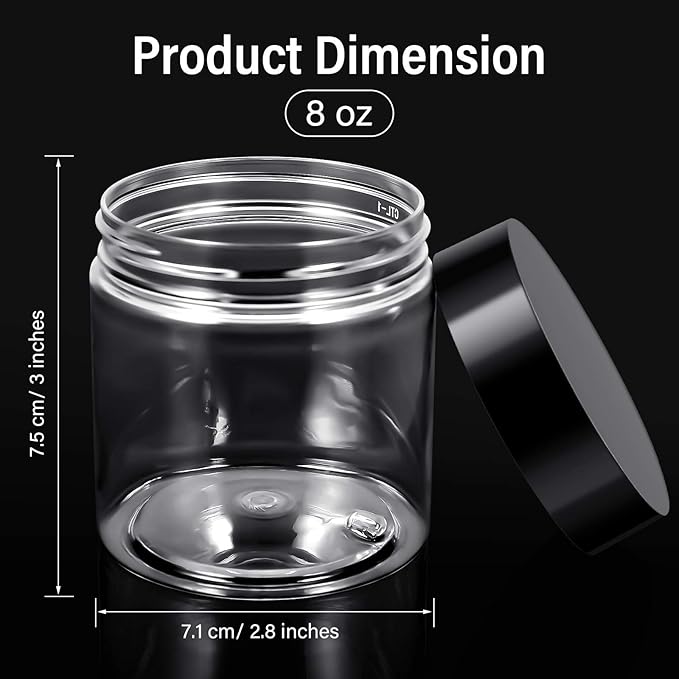 SATINIOR 12 Pack Plastic Container Jars with Lids Round Clear Travel Cosmetic Container Slime Jar for Toiletries, Lotion, Cream, Ointment, Makeup, Rhinestone, Sample, Kitchen Storage(8 oz,Black)