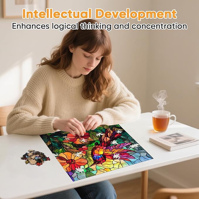 Wooden Puzzles for Adults, Stained Glass Puzzles 200 Pieces, Unique Shaped Hummingbird Jigsaw Puzzles for Adults and Kids, Birthday Gifts Fun Family Game 11.2'' x 11.2''