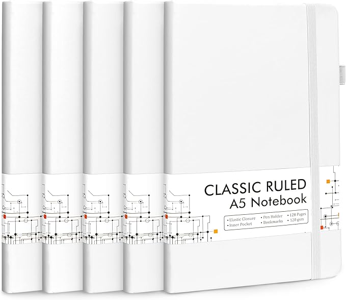 feela 5 Pack Notebooks Journals Bulk, Hardcover Notebook Classic Ruled Lined Journals with Pen Holder for Women Girls School Business Supplies, with 5 Black Pens, 120 GSM, 5.1”x8.3”, A5, White