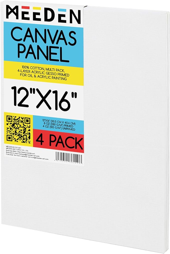 MEEDEN 4-Pack 100% Cotton Canvas Boards for Painting - 12x16'' Blank Canvas Panels for Oil & Acrylic Painting, Ready to Paint Art Supplies for Professional Artists, Students