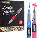 POMAC Dual Tip Acrylic Paint Markers Pens 12 Assorted Colors, Direct Liquid Acrylic Marker with Brush & Fine Tip, Water-Based Paint Marker for Fabric, Canvas, Rock, Glass, Wood, Crafts, Art Supplies