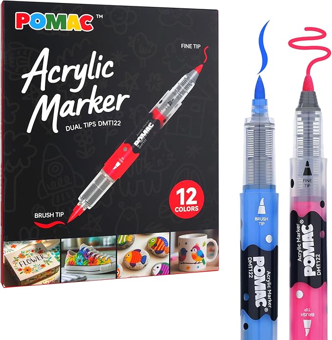 POMAC Dual Tip Acrylic Paint Markers Pens 12 Assorted Colors, Direct Liquid Acrylic Marker with Brush & Fine Tip, Water-Based Paint Marker for Fabric, Canvas, Rock, Glass, Wood, Crafts, Art Supplies