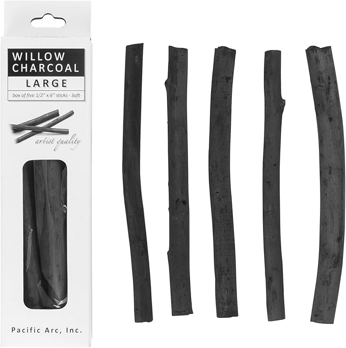 Pacific Arc Large Vine Charcoal Stick 5/Pkg, Soft, Black, Thick Willow Charcoal for Sketching and Drawing