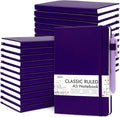 feela 24 Pack Journal Notebook Bulk for Work, Business Notebook Hardcover Lined Writing Journal with Pen Holder for Men Women Note Taking, with 24 Black Pens, 120 GSM, 5.1”x8.3”, A5, Purple
