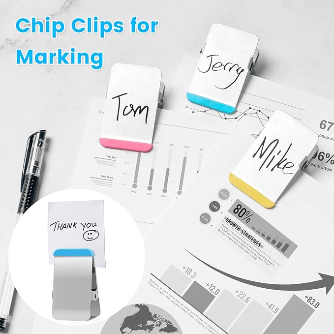 Chip Clips Heavy Duty, 12 Pack Chip Bag Clip with Colored Silicone, Stainless Steel Bag Clips for Food Snack, Flat Metal Clamp for Office Kitchen