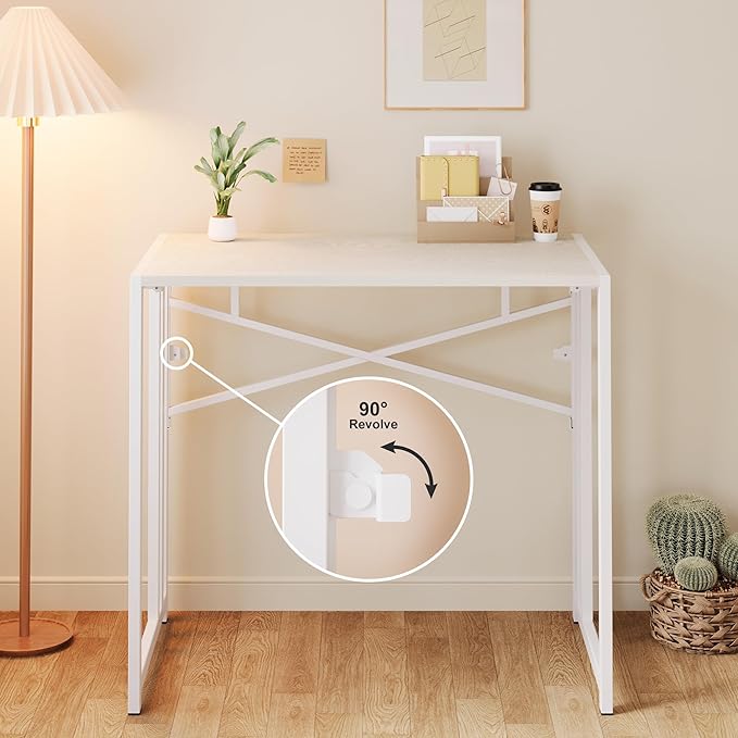 35 inch Small Folding Desk, Writing Gaming Computer Camping Desk for Small Spaces, No Assembly Required Home Office Table, Natural and White