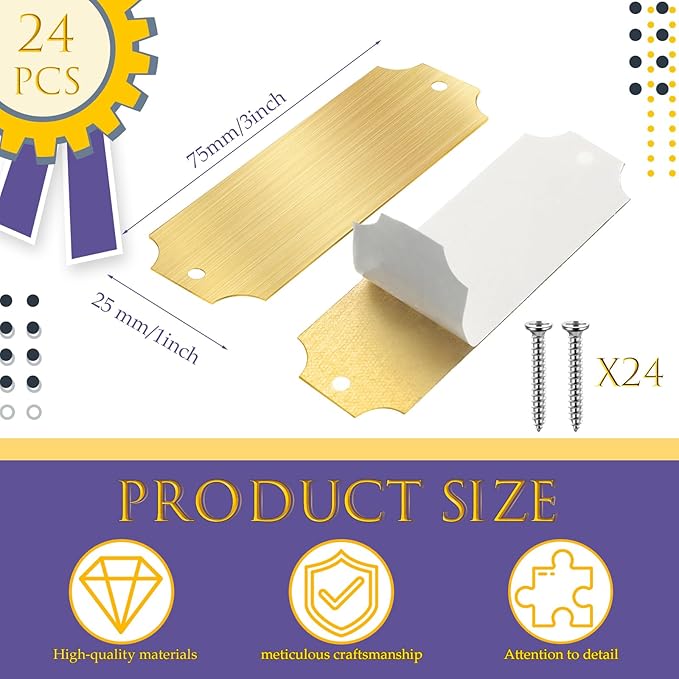 24 Pcs Personalized Name Plates Laser Engraved 1" x 3" Solid Brushed Metal Plaque Trophy Plate Blank Name Tag with Adhesive Backing and Screws for DIY(Gold,Notched Corner)