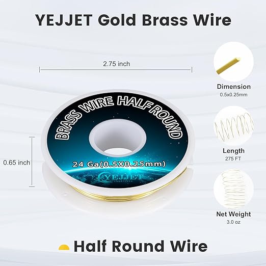 24 Gauge Half-Round Brass Wire 0.51x0.25mm - 3.0 oz 276 Feet Craft Wire Bulk, Metalworking