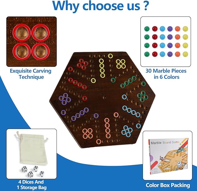 Wahoo Marble Board Game Thicken Wood 4 and 6 Players Fast Track Board Game 2 Sided Painted Perfect Game for Family Friends Party (Rustic Brown)
