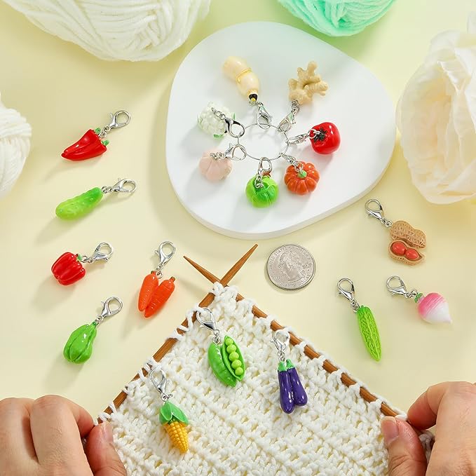 BEEFLYING 18Pcs Vegetable Stitch Marker Charms for Crocheting and Knitting, Resin Plant Crochet Knit Stitch Marker Pendant with Lobster Clasp for Sewing Quilting Handmade Jewelry