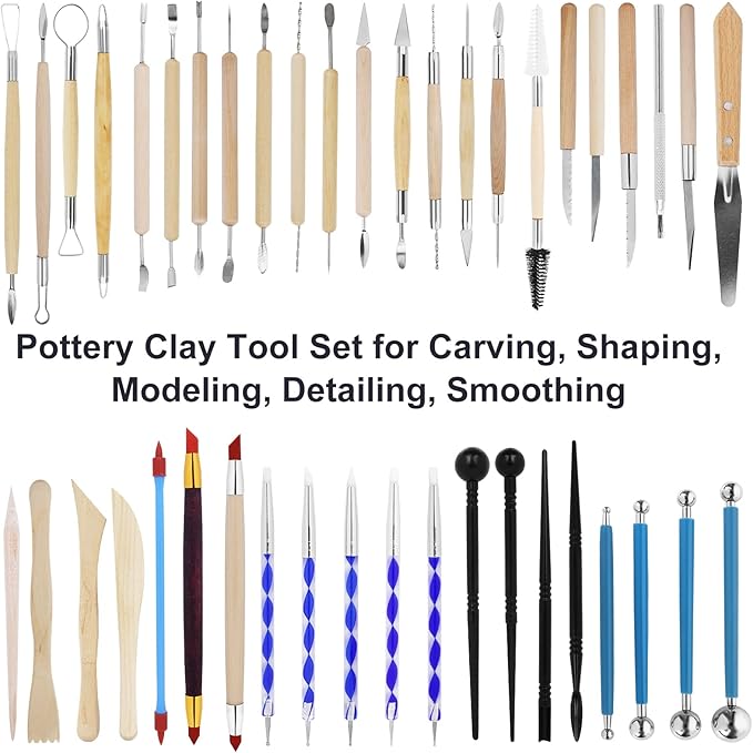 Yagugu Pottery Clay Tools for Adults Sculpting, 45Pcs Basic Wood Ceramics Carving Polymer Clay Tool Supplies kit Supplies for Kids and Artists Modeling Shaping Building for Art&Craft Gifts