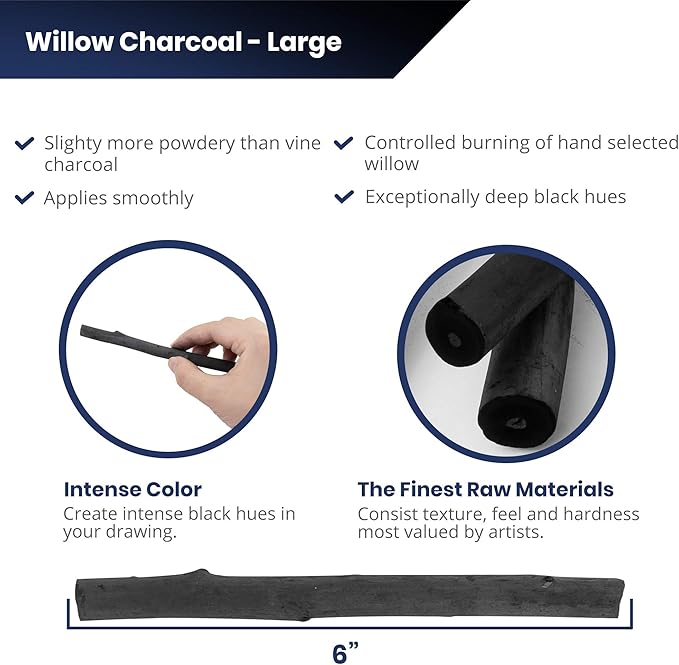 Pacific Arc Large Vine Charcoal Stick 5/Pkg, Soft, Black, Thick Willow Charcoal for Sketching and Drawing