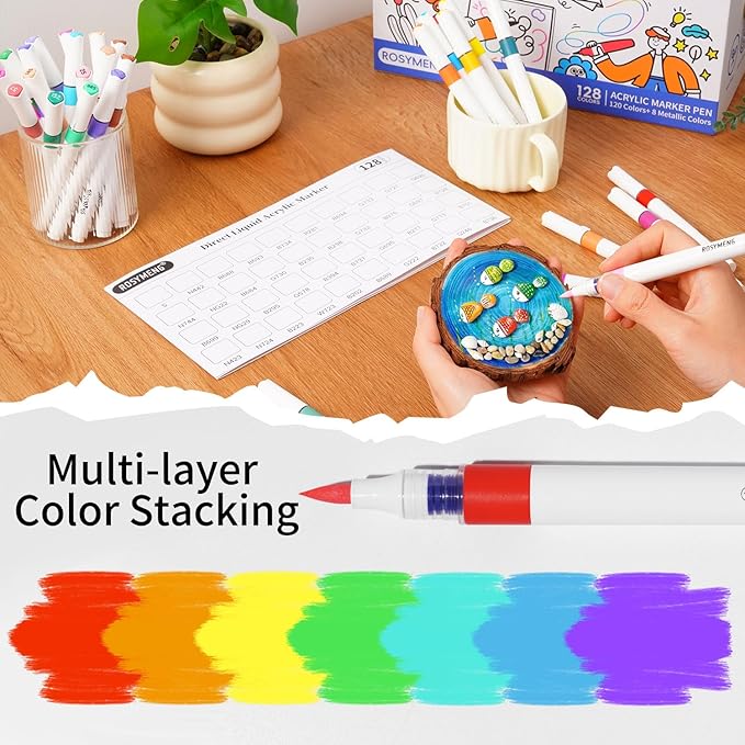 9 Color Acrylic Paint Markers, Water-Based Acrylic Markers for Artists Adults Coloring Drawing Cartoon Anime Comic - Brush Tip for Rock Painting, Wood, Canvas, Fabric (Ice Cream Bear Series)