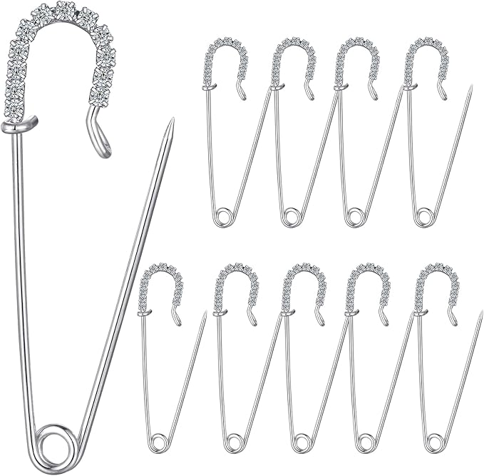 Housweety 10 Silver Tone Rhinestone Safety Pins Brooches 6.5x1.8cm