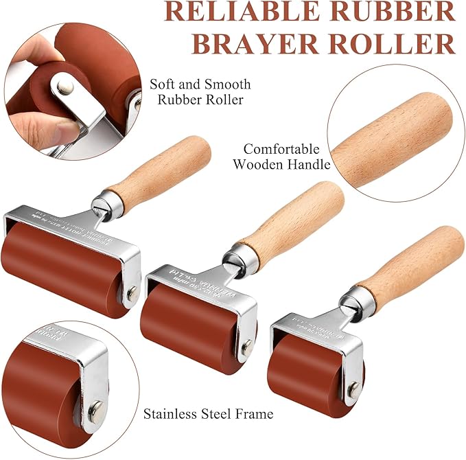 Supkiir 3Pcs Rubber Brayer Roller, Mix Size Rubber Roller Tool for Printmaking, Ink Roller Stamping Brayers with Comfort Grip Construction Tools for Craft Wallpapers Scrapbooks