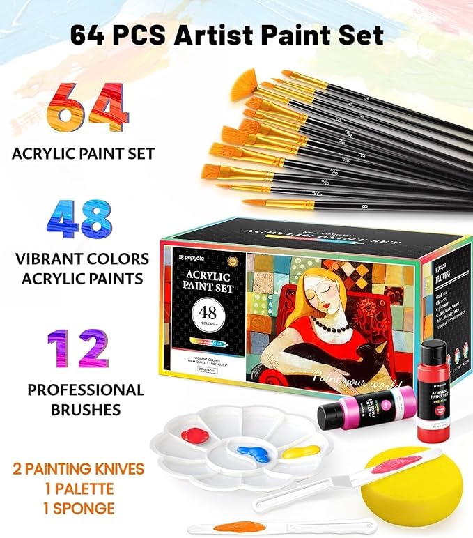 64 PCS Acrylic Paint Set with 12 Brushes, 2 Knives & Palette, 48 Colors (2oz/60ml) Art Craft Paint for Adults Kids Artists Beginners, Halloween Pumpkin Canvas Ceramic Rock Painting Kit