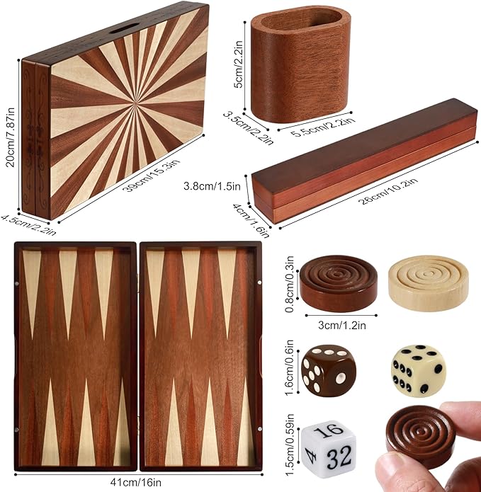 Wooden Folding Backgammon Set - Large 15.75" (40cm), Handcrafted Exquisite Design, Perfect for Adults & Kids, Ideal for Backgammon Enthusiasts
