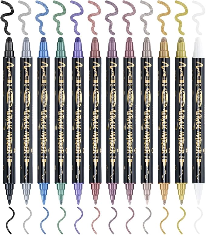 TRANSON 12Colors Metallic Paint Markers Bold and Fine Dual-tip for Rock Wood Ceramic Canvas DIY Painting Drawing