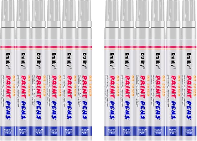 White Paint Markers, 12 Pack Oil-Based Waterproof Quick Dry Permanent Paint Pen Set for Rocks Painting, Wood, Plastic, Canvas, Glass, Mugs, Metal, Tire, Stone, DIY Craft