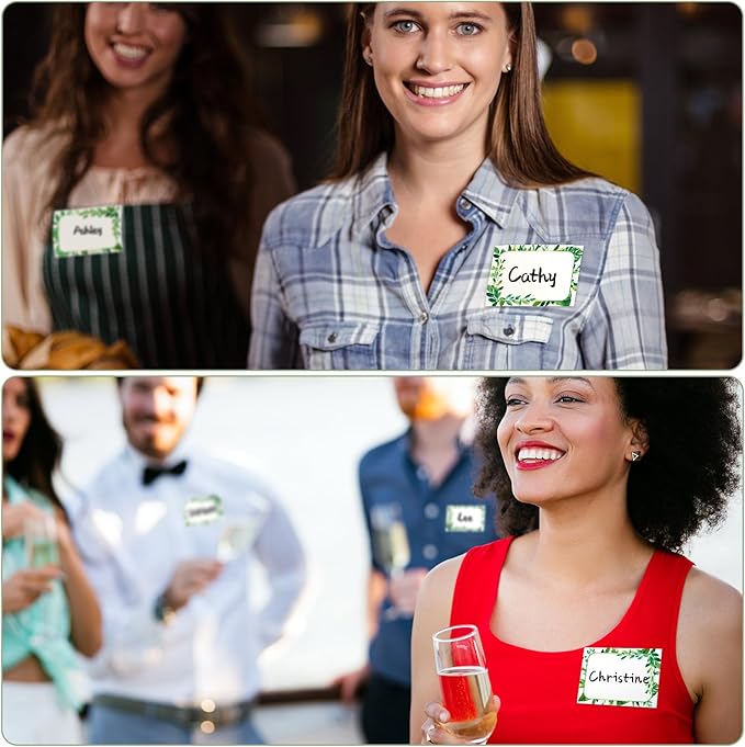 240 Pcs Greenery Name Tags Stickers Summer Green Leaves Border Tag Labels Party Name Tag Personalized Tags for Themed Party Office Home, 3.5 x 2.4, 6 Styles