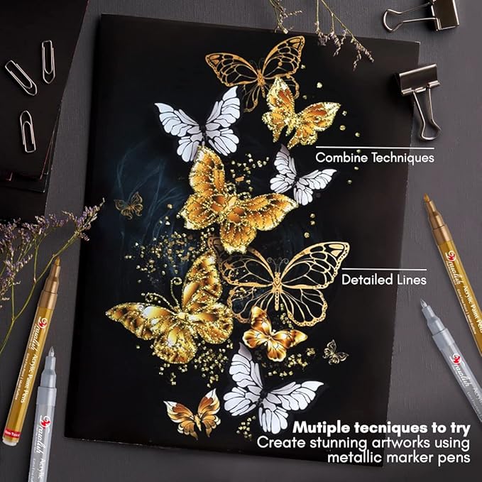 Acrylic Paint Pens - Permanent Markers 2 Gold Pens & 2 Silver Paint Marker Pen Set of 4 Acrylic Pen 0.7mm Extra Fine Tip - Ideal for Rock Painting, Fabric, Glass, Wood, Canvas, Ceramic, Porcelain