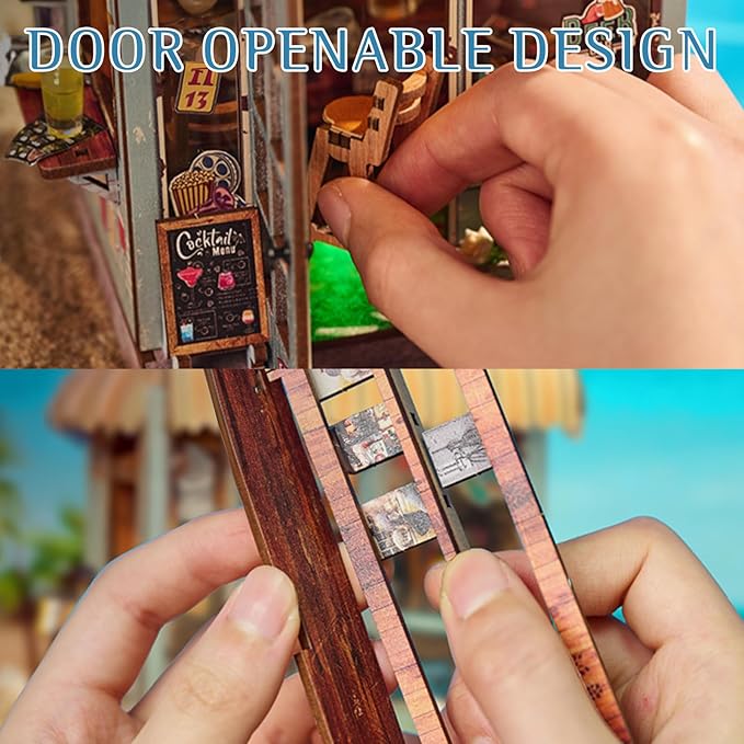 DIY Book Nook Kit, Miniature Dollhouse Bookshelf Insert with Light, Laser-Cut Wooden Craft Set for Adults, Perfect for Teens and Adults, Beach Bar