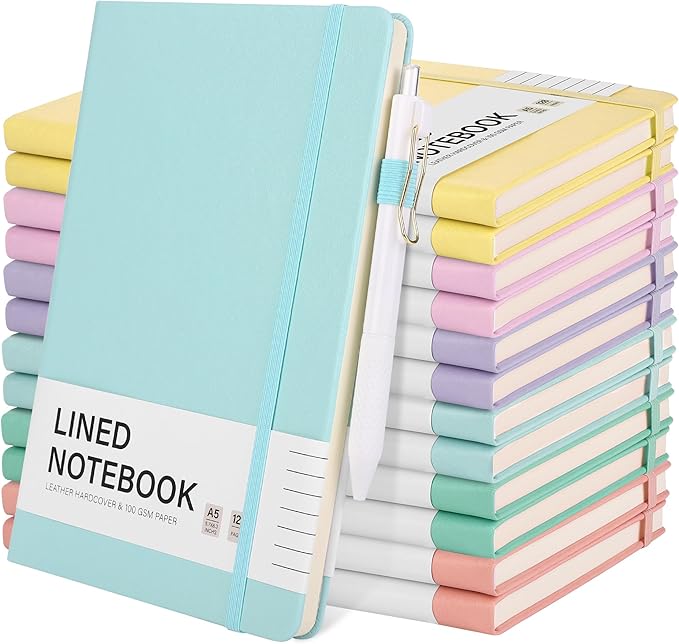 Aodaer 12 Set Lined Notebook Journals with Pens A5 Notebooks 100 GSM College Ruled Hardcover Notebook PU Leather Notepad with Pen Holder for Office School, 5.7 x 8.3 Inches, Light Multicolor