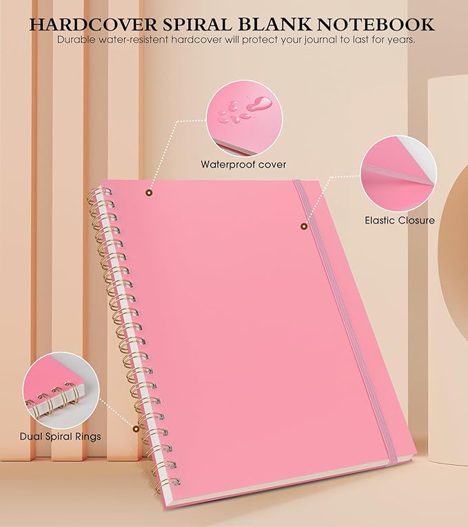 Blank Spiral Notebook Journal 8.5” x 11”, A4 Large Pink Sketch Book for Women Men, 100 GSM Blank Paper Drawing Notebook, Plastic Hardcover Spiral Bound Sketchbook for Sketching Work School Writing