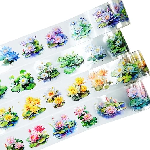 Lotus Pond PET Tape Set, 4 Rolls Pre-Cut Floral Stickers for Scrapbooking, Journaling, DIY Crafts, and Planner Decoration