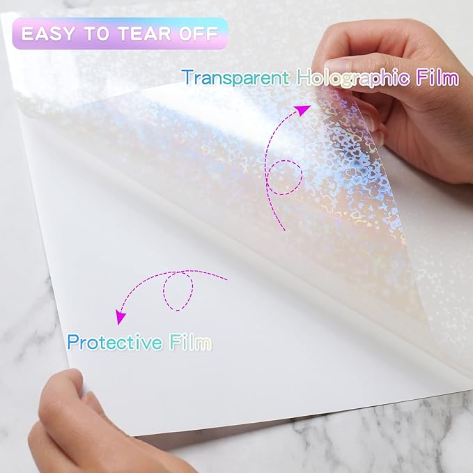 Holographic Sticker Paper, 36 Sheets Transparent Holographic Vinyl Overlay Lamination Sheets, Clear Self Adhesive Laminate Sticker Film for Stickers DIY Crafts, Heart Patterns - 8.5x11 Inch