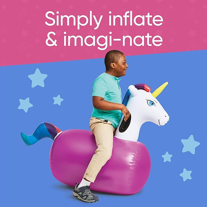 Hearthsong Hop N Go Inflatable Unicorn Riding Bouncy Hopping Toys for Kids Ages 5+ - Ride On Bouncer Animal Hopper Jumping Toys for Outdoor Games