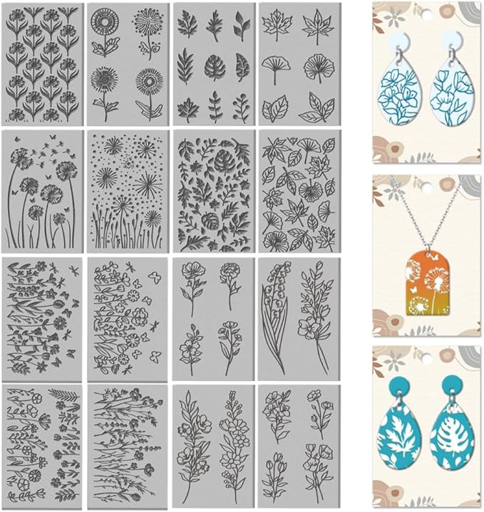 CHGCRAFT 16 Sheets Plants and Flower Clay Texture Mat Dandelions Pattern Polymer Clay Texture Sheets DIY Tools for Pottery Earring Jewelry Making Stamp Engraving Machines, 4x2.6inch